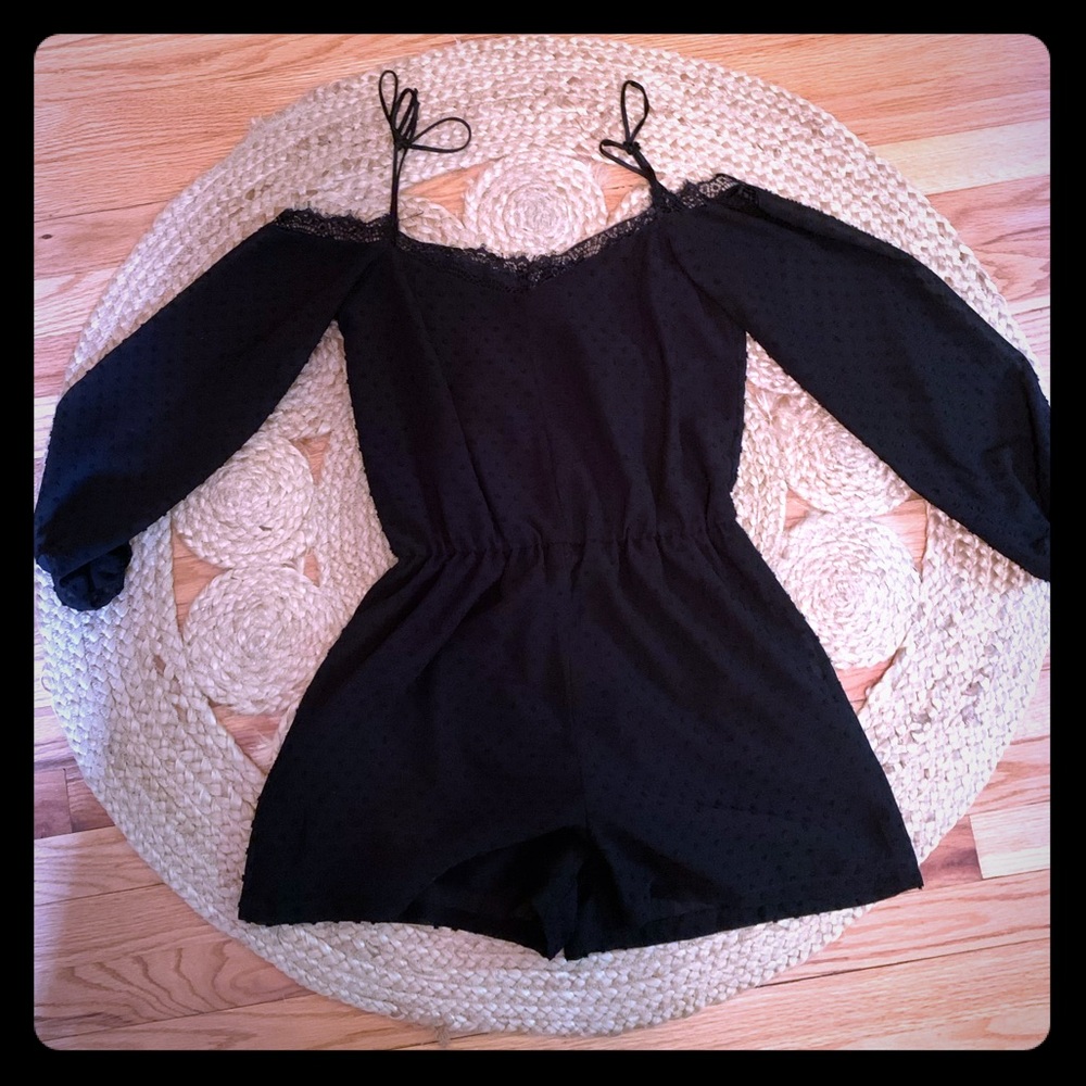 Off the shoulder ROMPER in black lace